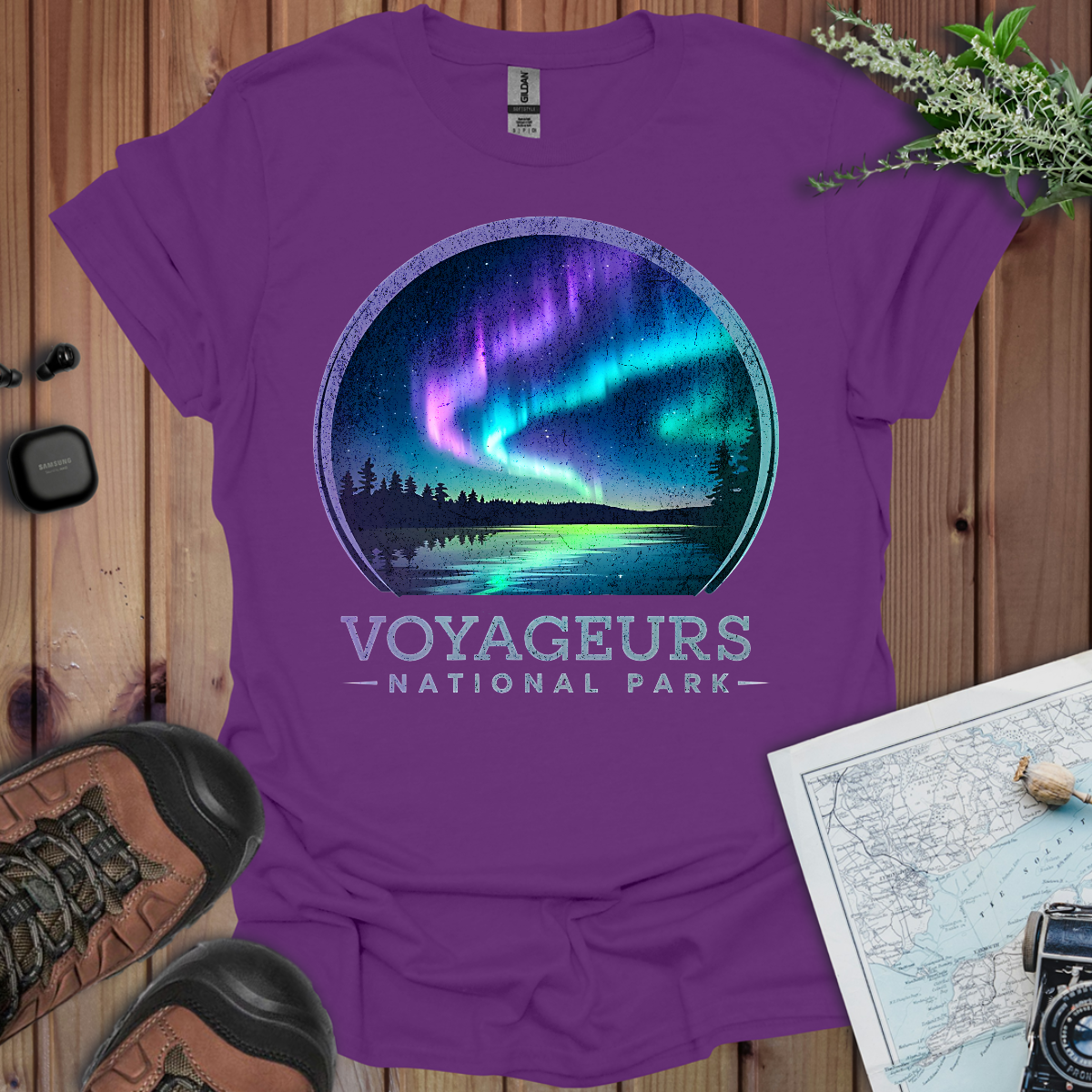 Voyageurs National Park Rustic Unisex Fit Soft T-Shirt Northern Lights Aurora Borealis Printify
