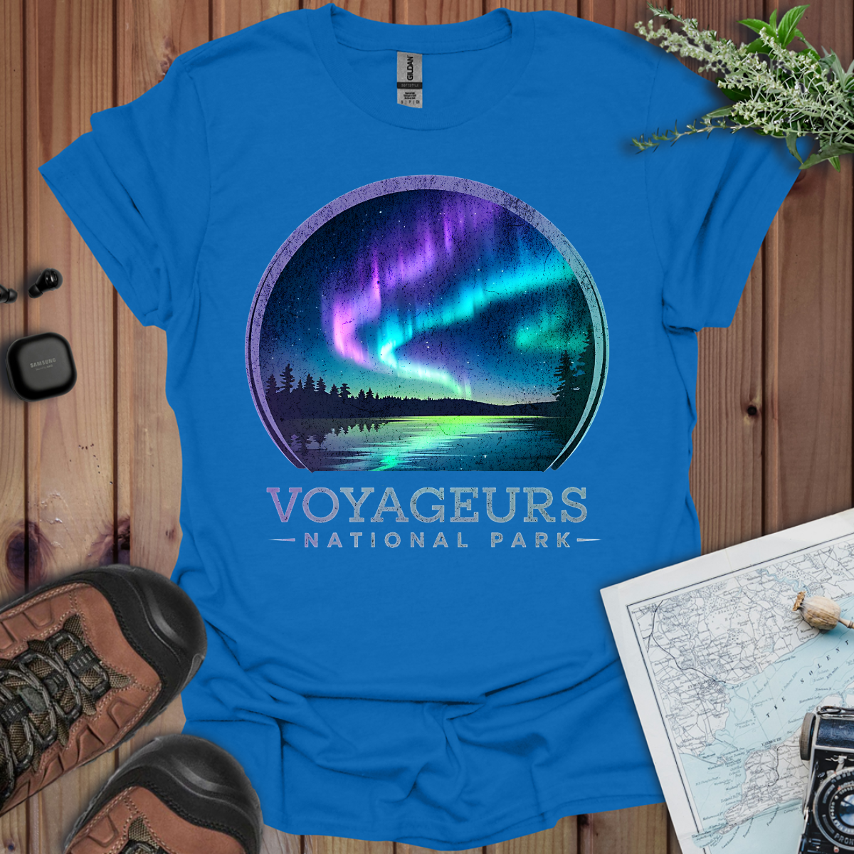 Voyageurs National Park Rustic Unisex Fit Soft T-Shirt Northern Lights Aurora Borealis Printify
