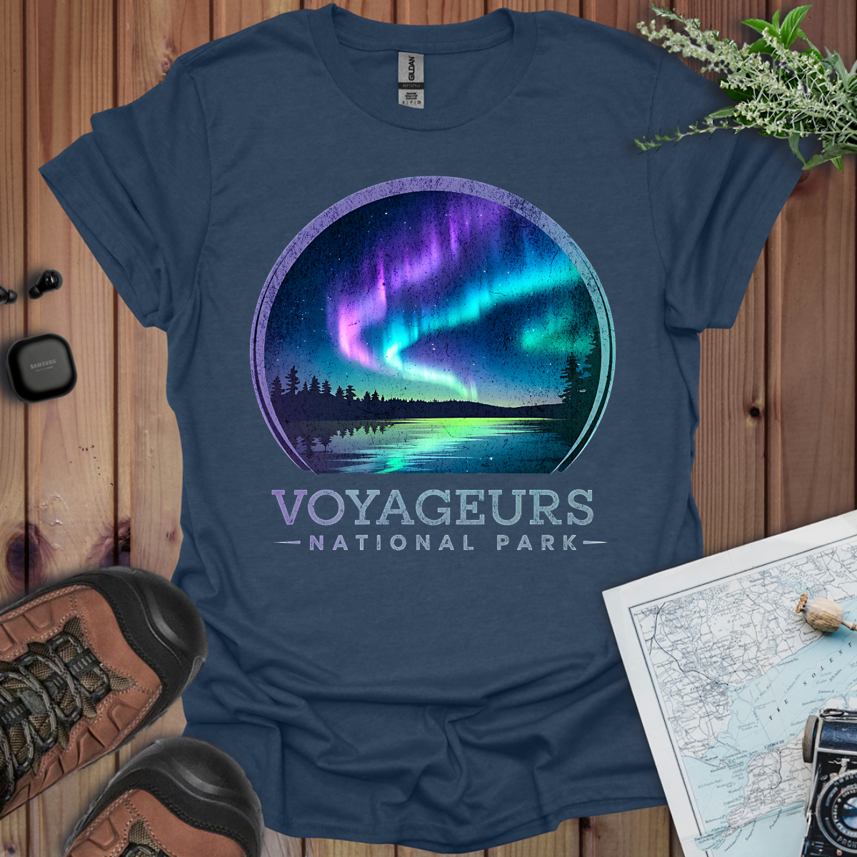 Voyageurs National Park Rustic Unisex Fit Soft T-Shirt Northern Lights Aurora Borealis Printify