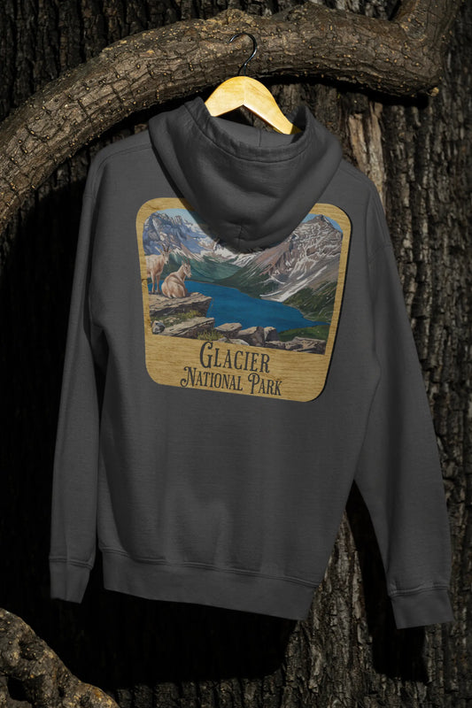 Glacier National Park Unisex Fit Fleece Hoodie Scenic Mountain Goat View Graphic Wooden Sign - Park Service Apparel