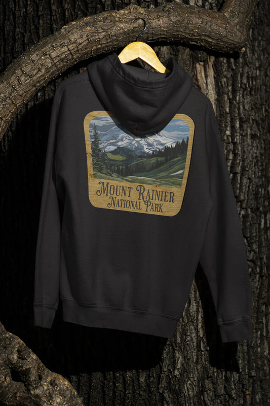 Mount Rainier National Park Fleece Hoodie Unisex Fit Scenic Wooden Mountain Sign - Park Service Apparel