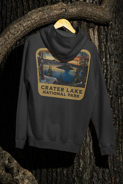 Crater Lake National Park Unisex Fit Fleece Hoodie Scenic View Graphic Wooden Mountain Sign - Park Service Apparel