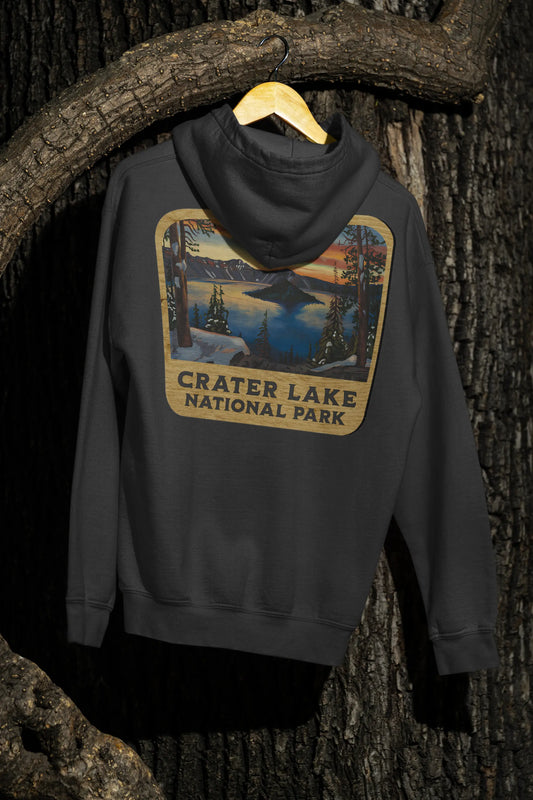 Crater Lake National Park Unisex Fit Fleece Hoodie Scenic View Graphic Wooden Mountain Sign - Park Service Apparel