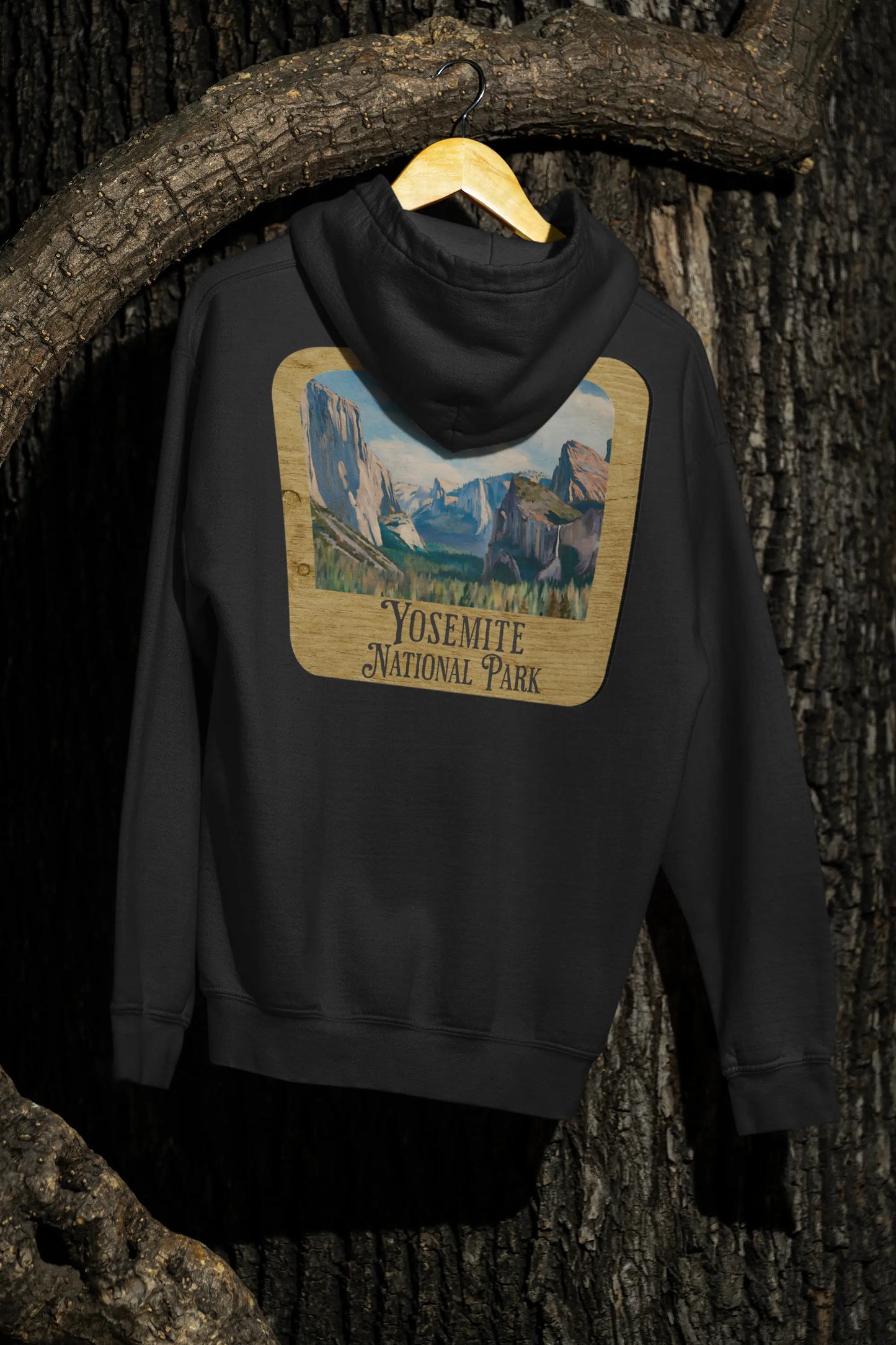Yosemite National Park Fleece Hoodie Scenic Valley Art Wooden Mountain Sign - Park Service Apparel