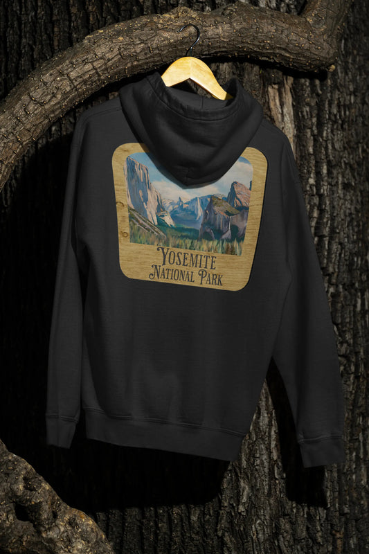 Yosemite National Park Fleece Hoodie Scenic Valley Art Wooden Mountain Sign - Park Service Apparel