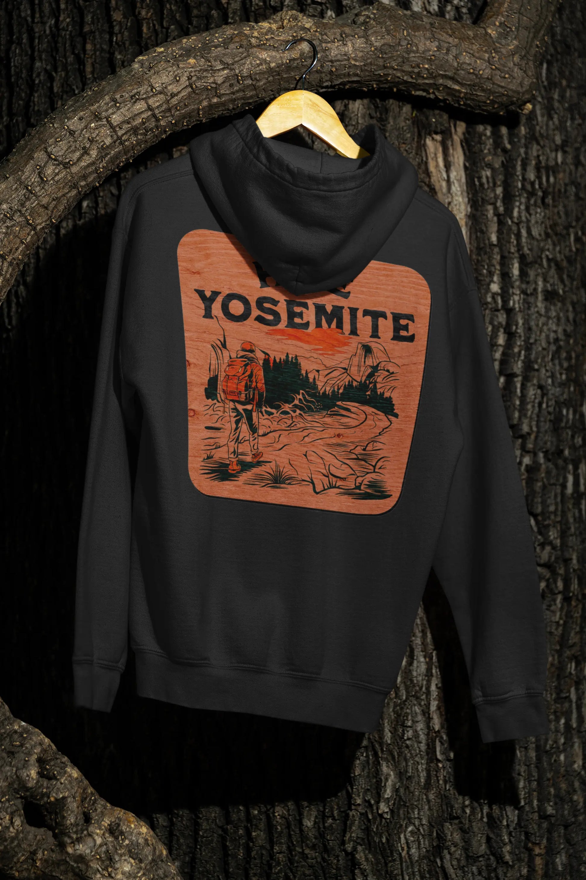 Hike Yosemite National Park Unisex Fit Fleece Hoodie Wooden Mountain Sign - Park Service Apparel
