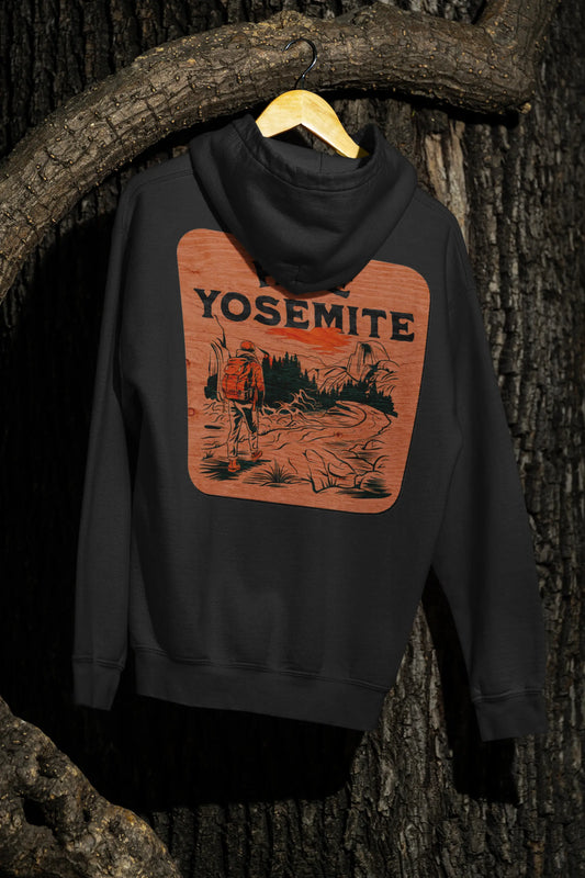 Hike Yosemite National Park Unisex Fit Fleece Hoodie Wooden Mountain Sign - Park Service Apparel