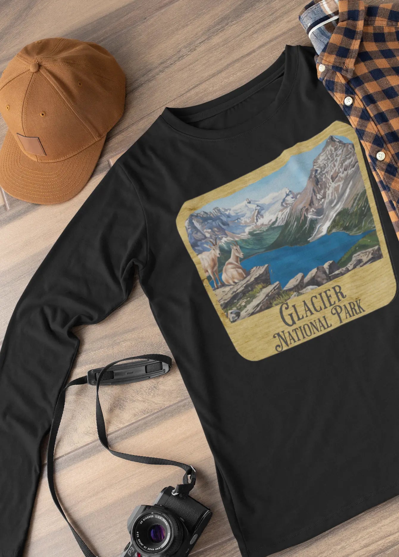 Glacier National Park Unisex Fit Long Sleeve T-Shirt Mountain View Wood Sign - Park Service Apparel