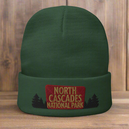 North Cascades National Park Sign Embroidered Beanie Beanie Park Service Apparel Dark green
