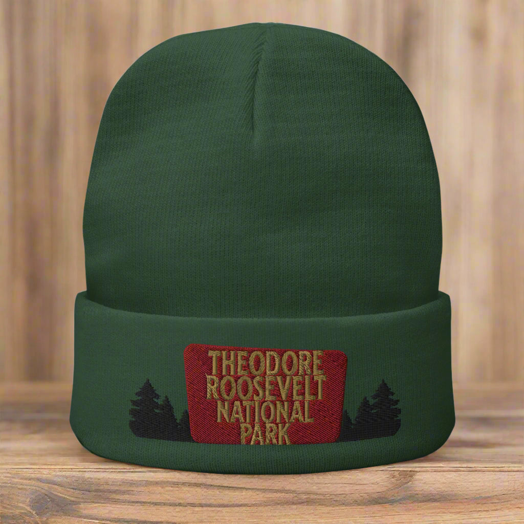 Theodore Roosevelt National Park Sign Embroidered Beanie Beanie Park Service Apparel Dark green