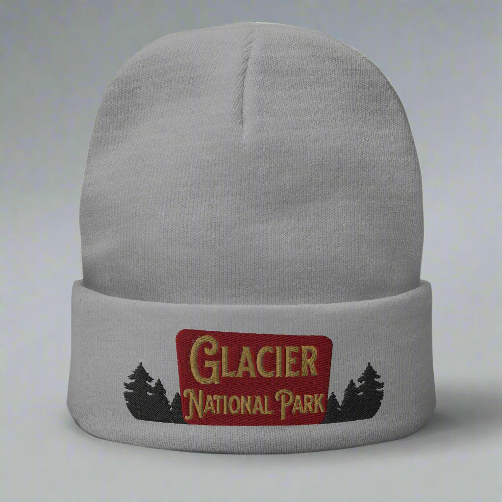 Glacier National Park Sign Embroidered Beanie Beanie Park Service Apparel Gray