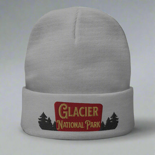 Glacier National Park Sign Embroidered Beanie Beanie Park Service Apparel Gray