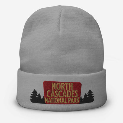 North Cascades National Park Sign Embroidered Beanie Beanie Park Service Apparel Gray