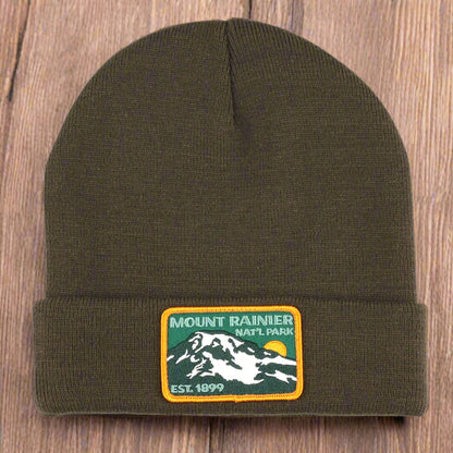 Mount Rainier Nat Park Patch Recycled Beanie - Olive Rainier Watch