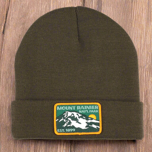 Mount Rainier Nat Park Patch Recycled Beanie - Olive Rainier Watch