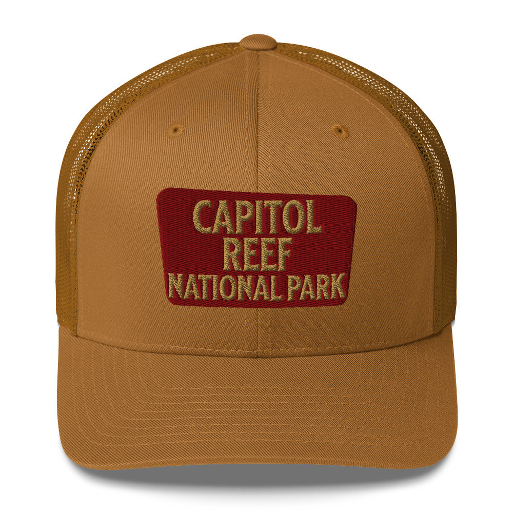 Capitol Reef National Park Sign Embroidered Trucker Hat hat Park Service Apparel Caramel