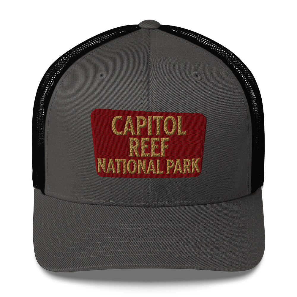 Capitol Reef National Park Sign Embroidered Trucker Hat hat Park Service Apparel Charcoal/ Black