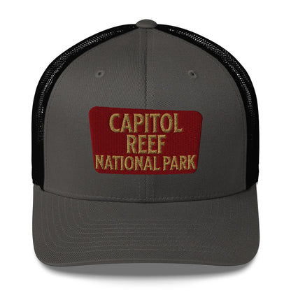 Capitol Reef National Park Sign Embroidered Trucker Hat hat Park Service Apparel Charcoal/ Black