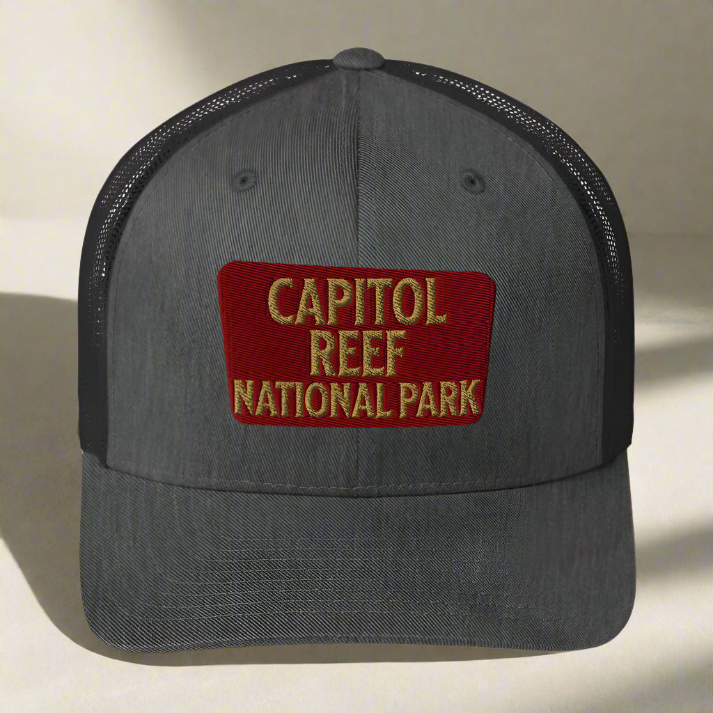 Capitol Reef National Park Sign Embroidered Trucker Hat hat Park Service Apparel Dark Heather Gray