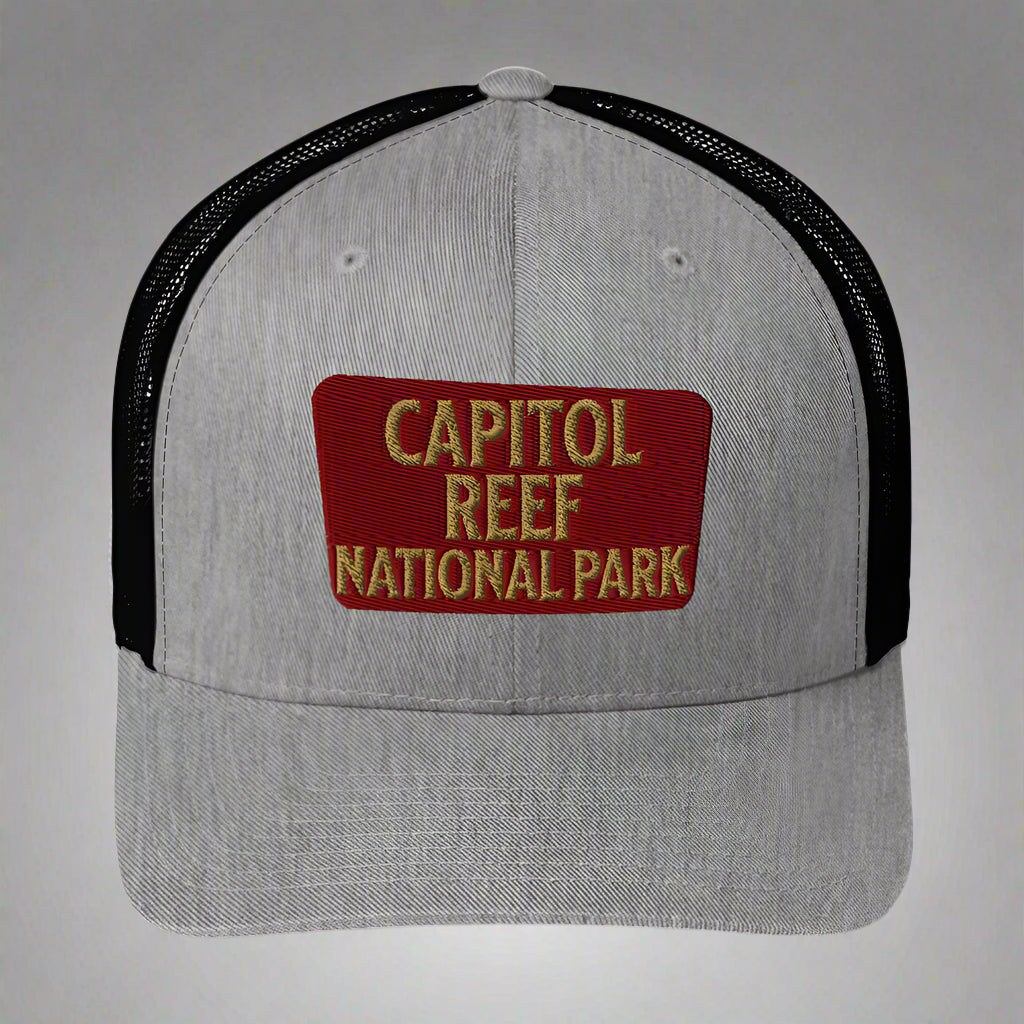 Capitol Reef National Park Sign Embroidered Trucker Hat hat Park Service Apparel Heather/ Black