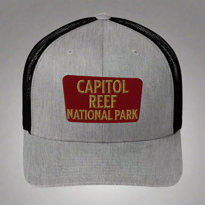 Capitol Reef National Park Sign Embroidered Trucker Hat hat Park Service Apparel Heather/ Black
