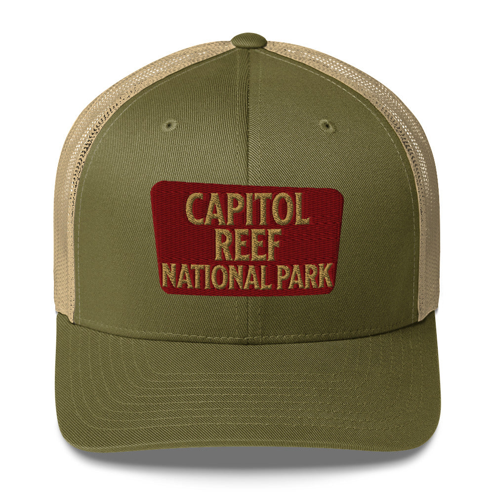 Capitol Reef National Park Sign Embroidered Trucker Hat hat Park Service Apparel Moss/ Khaki