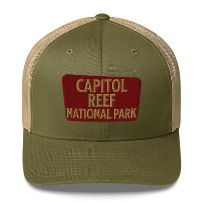 Capitol Reef National Park Sign Embroidered Trucker Hat hat Park Service Apparel Moss/ Khaki