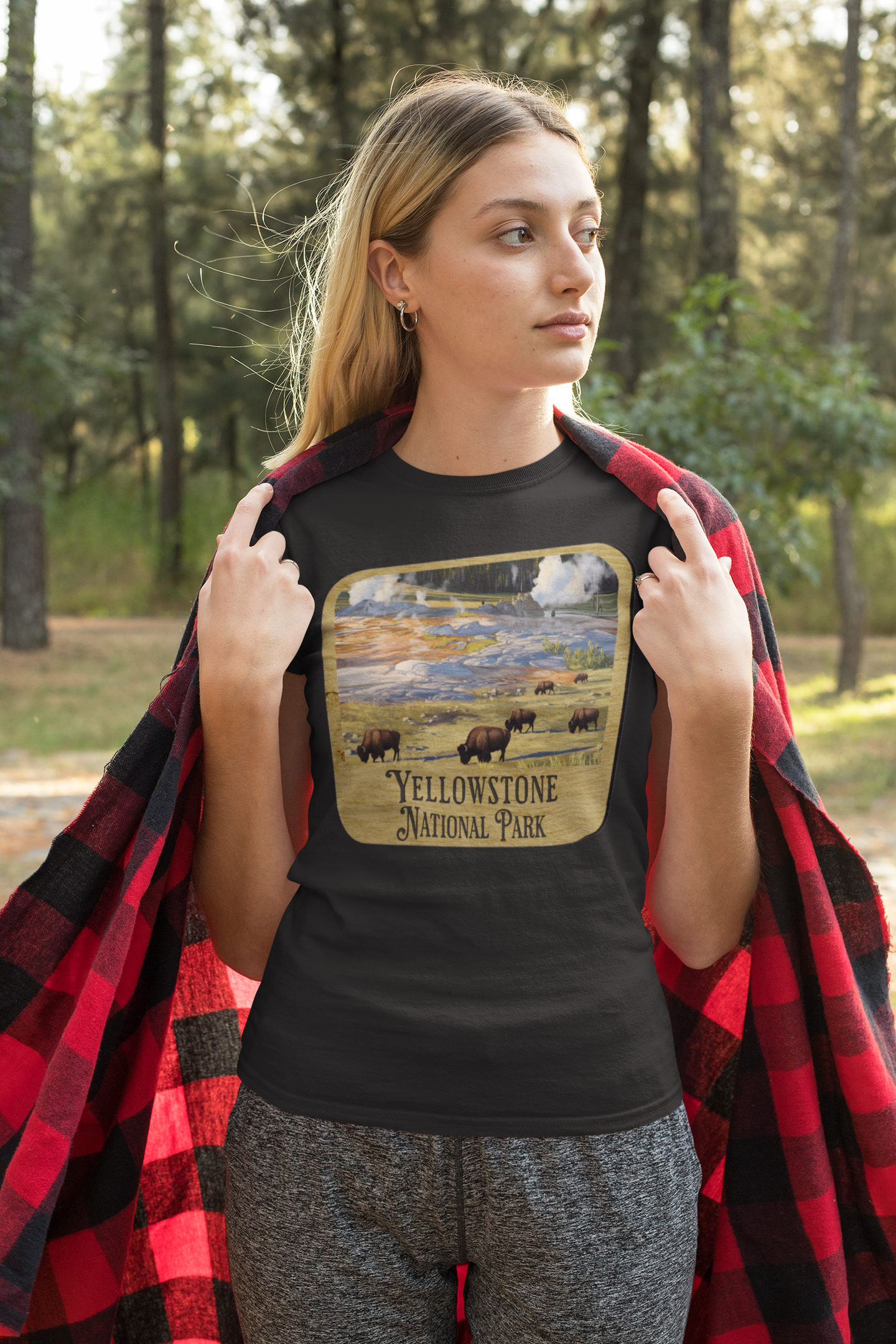 Yellowstone National Park Unisex Fit Soft T-Shirt Wood Sign Printify
