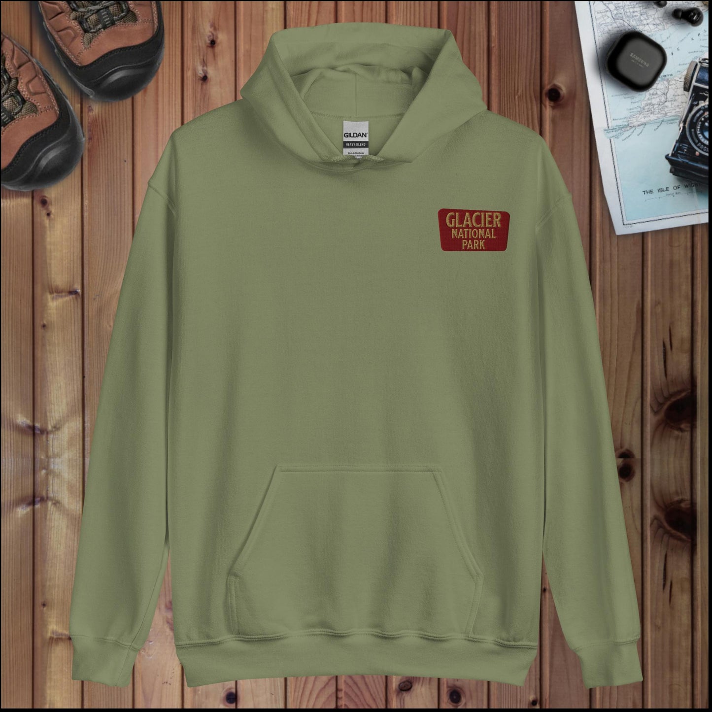 Glacier National Park Sign Hoodie Sun Road Back Hoodie Park Service Apparel Military Green S