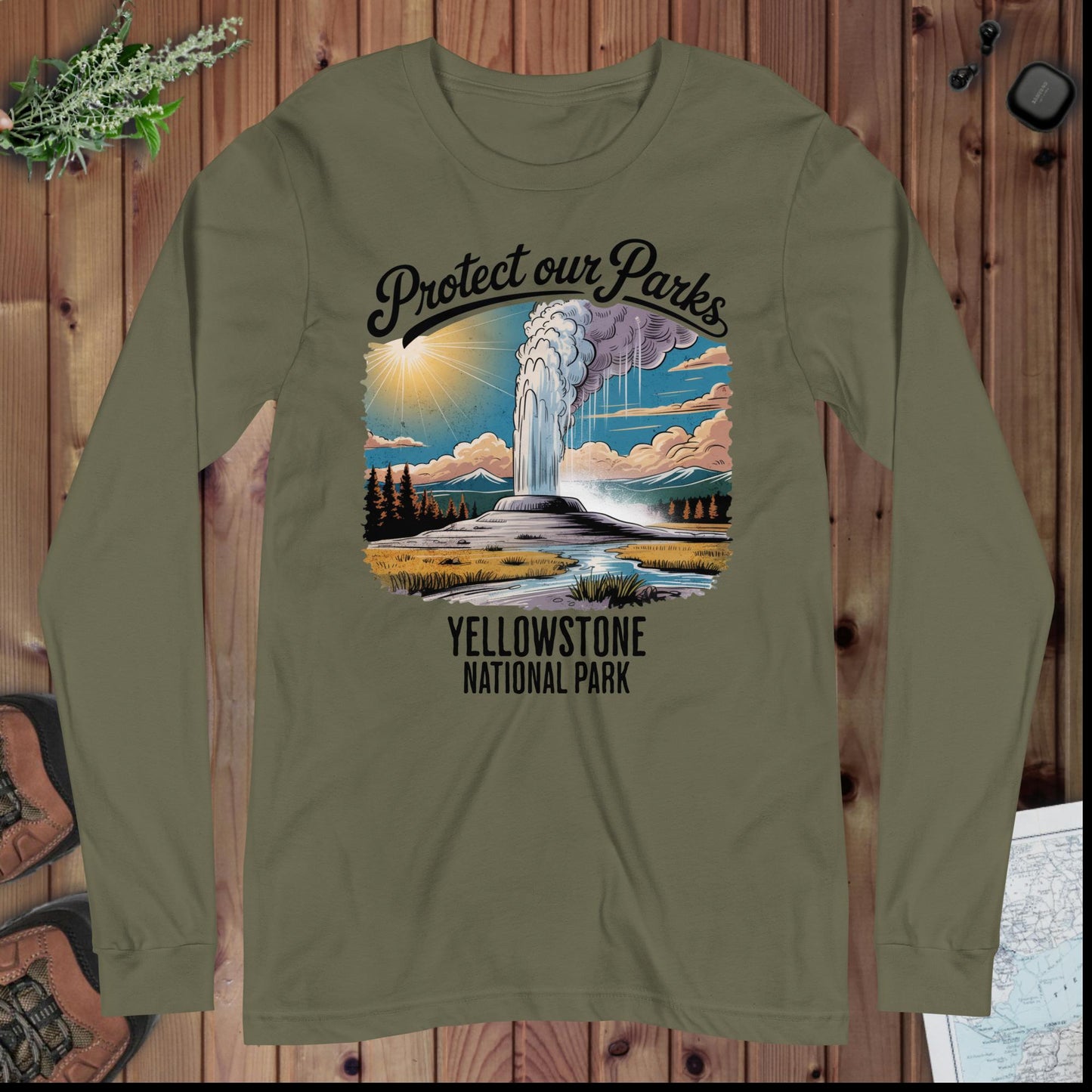 Protect Our Parks Yellowstone Long Sleeve T-shirt Long-sleeve Park Service Apparel Military Green XS