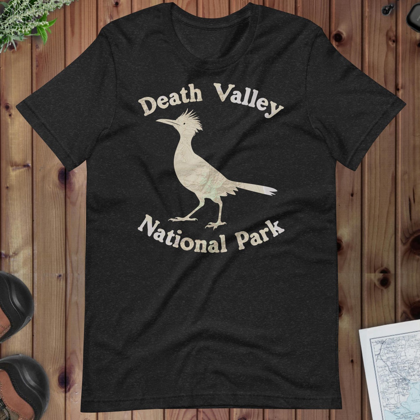 Death Valley Roadrunner Topo T-shirt T-Shirt Park Service Apparel Black Heather XS