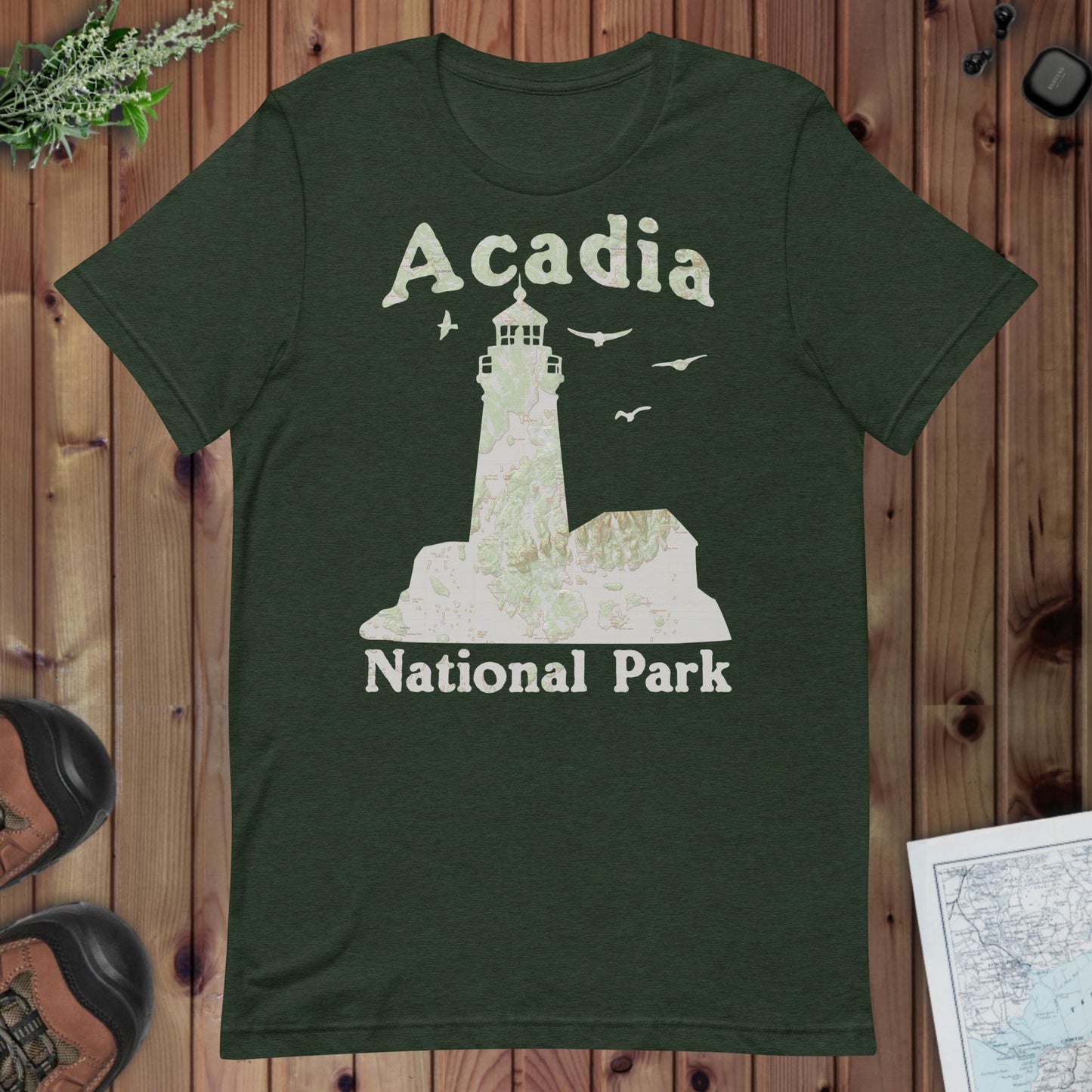 Acadia Lighthouse Topo T-shirt T-Shirt Park Service Apparel Heather Emerald XS