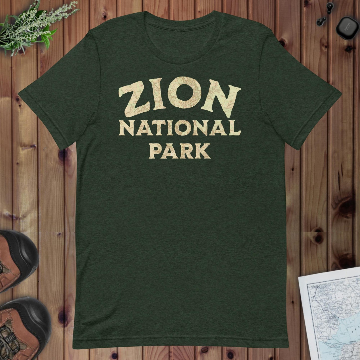 Zion National Park Topo T-shirt T-Shirt Park Service Apparel Heather Emerald XS