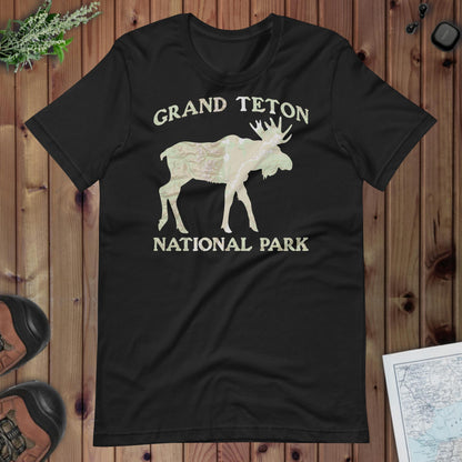 Grand Teton Moose Topo T-shirt T-Shirt Park Service Apparel Vintage Black XS