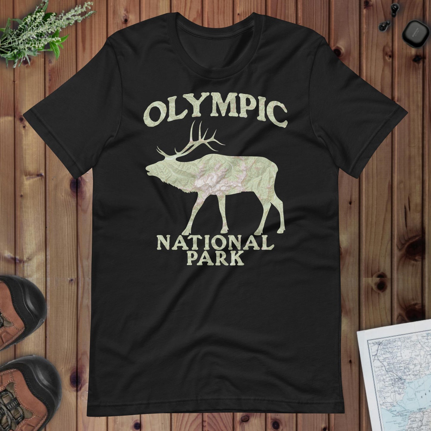 Olympic Elk Topo T-shirt Park Service Apparel Vintage Black XS